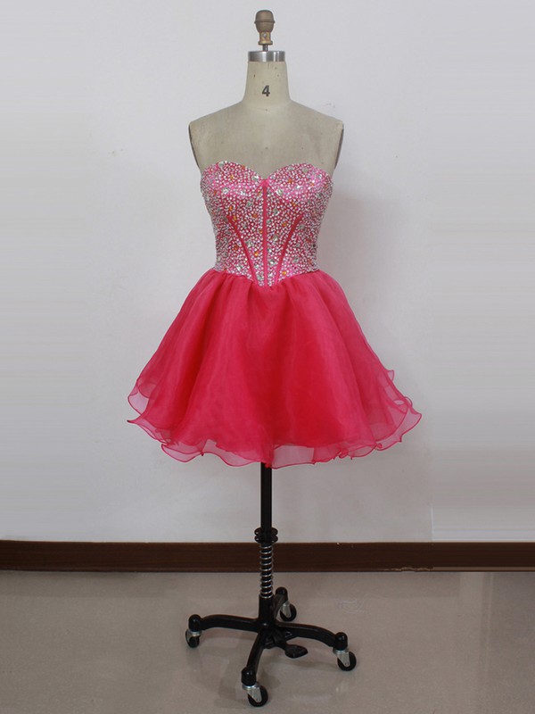 Cute Sweetheart Fuchsia Organza with Beading Short/Mini Prom Dress #LDB020100543