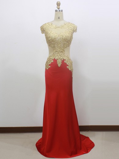 Unique Red Elastic Woven Satin Appliques Lace Scoop Neck Trumpet/Mermaid Prom Dress #LDB020100544