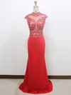 Red Elastic Woven Satin Beading Cap Straps Trumpet/Mermaid High Neck Prom Dress #LDB020100545