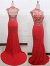 Red Elastic Woven Satin Beading Cap Straps Trumpet/Mermaid High Neck Prom Dress #LDB020100545
