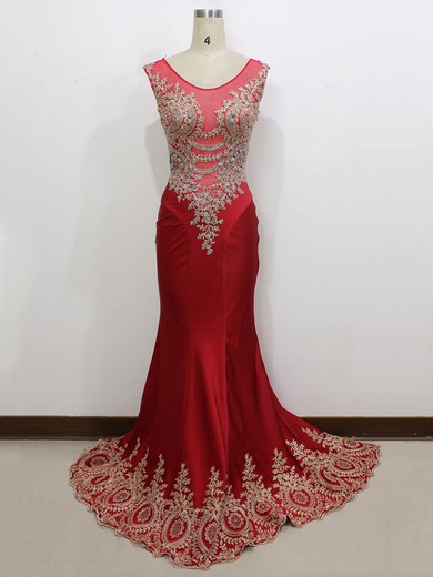 Scoop Neck Satin Appliques Lace Gorgeous Red Trumpet/Mermaid Prom Dress #LDB020100561